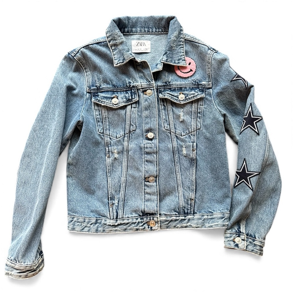 Zara  Blue Denim Jacket with Star Patches, size 13-14, like new